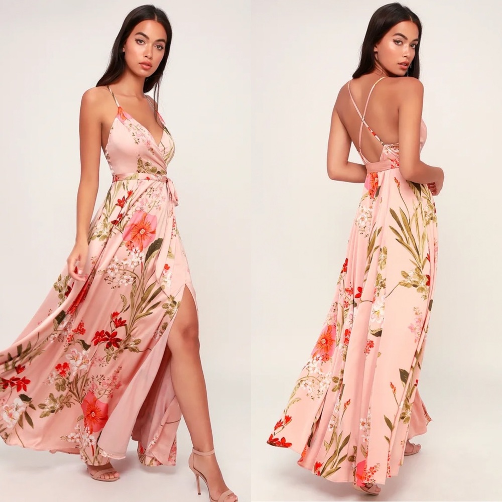 NWT Lulus Still the One Blush Pink Floral Print Satin Maxi Dress